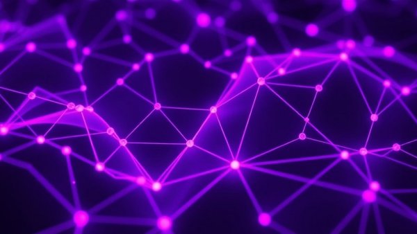 Futuristic context graph with nodes and lines in purple, illustrating data flow.