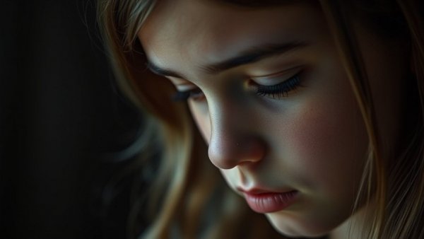 Thoughtful teenage girl in close-up, soft lighting, teenage communication.