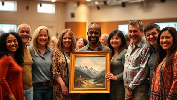 San Antonio community event: People holding a painting in a warm indoor setting.