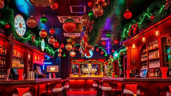 Festive bar decorated for holiday events in San Antonio.
