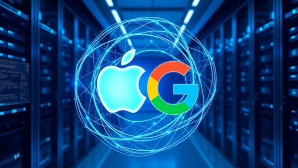 Apple Gemini AI partnership concept with futuristic intertwining logos and AI swirl.