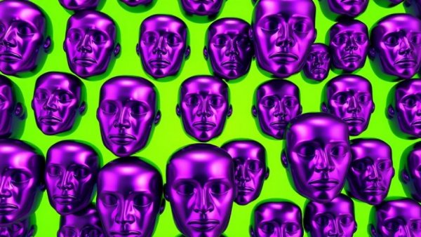 Cascading purple metallic faces in abstract style on lime green backdrop.