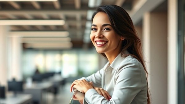 Smiling woman in San Antonio community office environment.