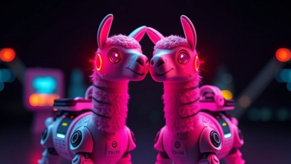 Vivid robotic llamas illustrating Engram AI memory management concept.