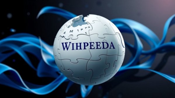 3D Wikipedia globe with abstract blue and black background, symbolizing enterprise access.