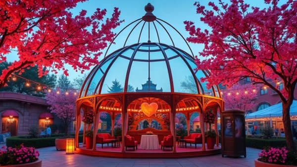 San Antonio festivals romantic dome setup with pink foliage.