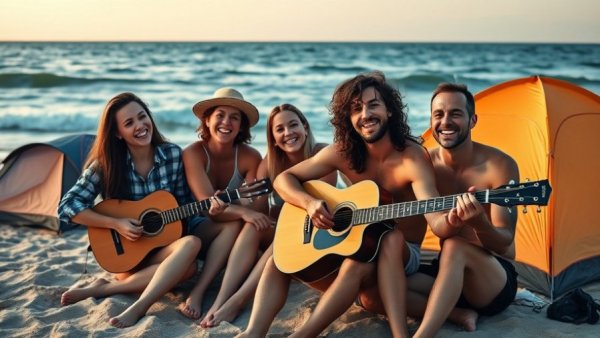 Group enjoying affordable beach camping, showing budgeting on a low income.