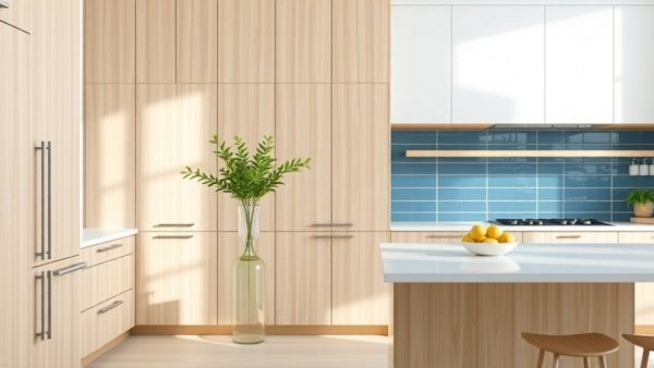 Award-winning lake house kitchen design in Omaha with blue tiles.