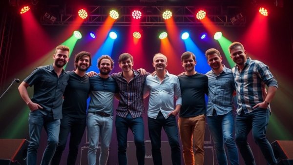 Omaha psych band Wyrmwood posing on stage with colorful lights.