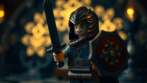 Lego figure with sword and shield in dramatic lighting - Zelda Lego Set Leak.