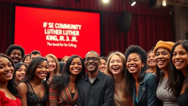 Diverse group celebrating MLK Day of Service on stage with community theme.