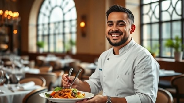 Smiling chef in San Antonio restaurant holding cutlery.