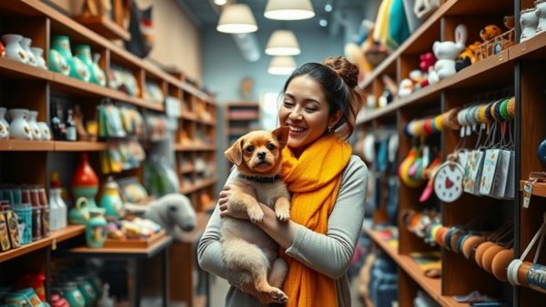 Woman enjoys shopping with dog in pet store
