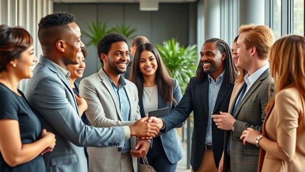 Diverse professionals in an office engaged and shaking hands, Employee Resource Groups.