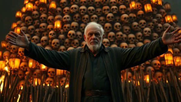 Atmospheric scene with man promoting Omaha death metal in fiery backdrop.