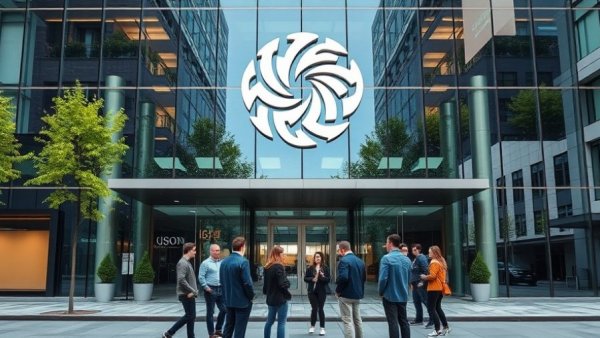 5G ISP investment news: People converse outside a modern glass building.