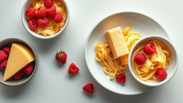 Cheese wheel pasta and raspberries as healthy family meals
