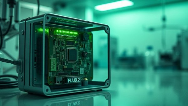 High-tech electronic component FLUX.2 by Black Forest Labs, interactive visual intelligence on display.