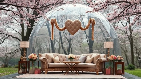 Romantic dome seating at San Antonio restaurant with hearts and flowers.