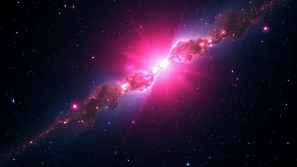 Cosmic scene with luminous pink star cluster and numerous stars.