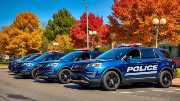 Indiana State Police new patrol vehicles parked in suburb.