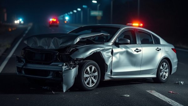 Deadly Eisenhower Expressway crash scene with damaged vehicle at night.