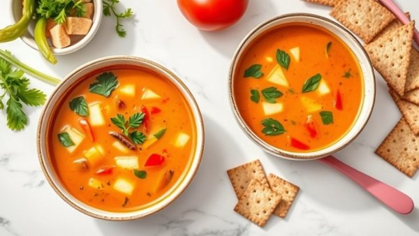Healthy family meals: vibrant vegetable soup with crackers.