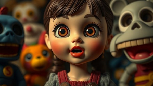 Animated scene with dolls and toys discussing anti-fascist ideas