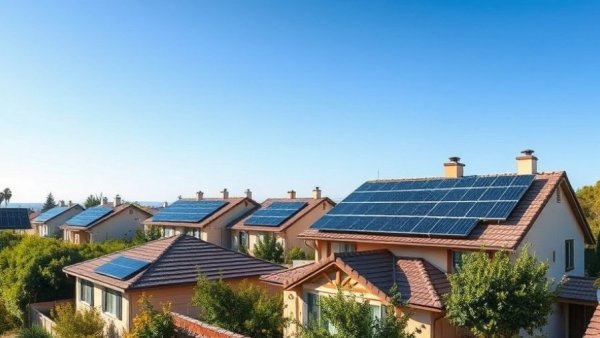 Solar panels on California rooftop in sunny suburb.