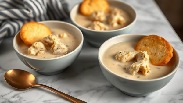 One-Pot creamy chicken stew in bowls with biscuits on a marble surface.