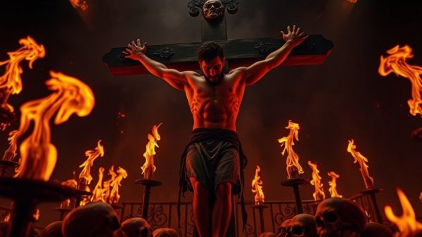 Dark and eerie scene with a man amidst skulls and flames.