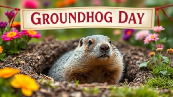 Curious groundhog on Groundhog Day peeking from burrow; upcoming events Omaha.