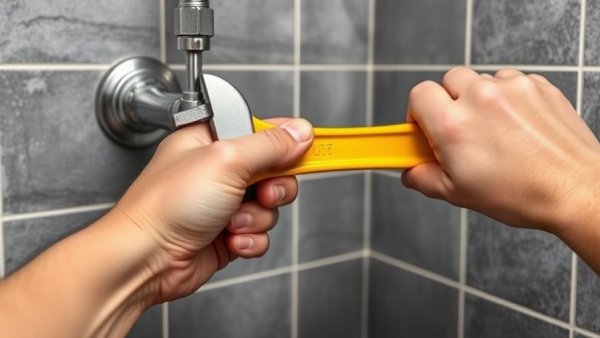Hands using wrench on pipe in bathroom for plumbing repair.