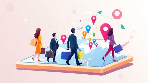 Colorful illustration of AI adoption in business travel with travelers.