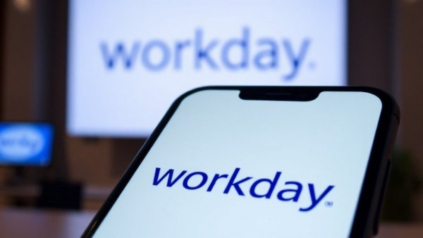 Workday logo on phone and screen signifying CEO transition
