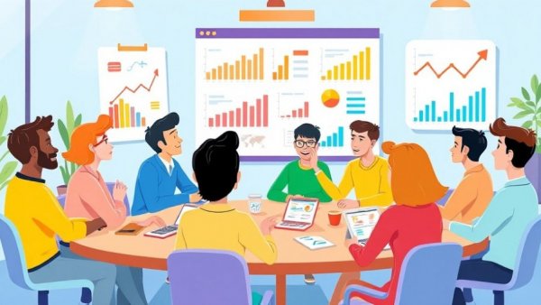 Team discussing succession planning strategies for organizations with charts and graphs.