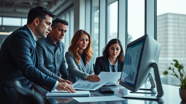 Professionals redefining employee performance through data analysis in an office.