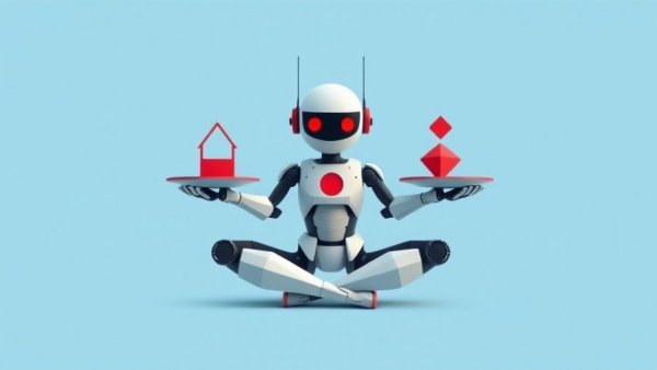 Abstract robot balancing shapes, symbolizing inclusive workplace culture.