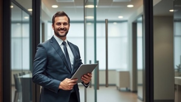 Professional opening office door, related to return-to-office policies.
