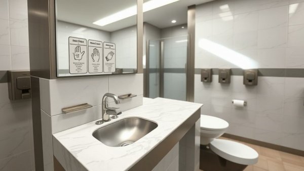 Public bathroom highlights hand-washing guidelines.
