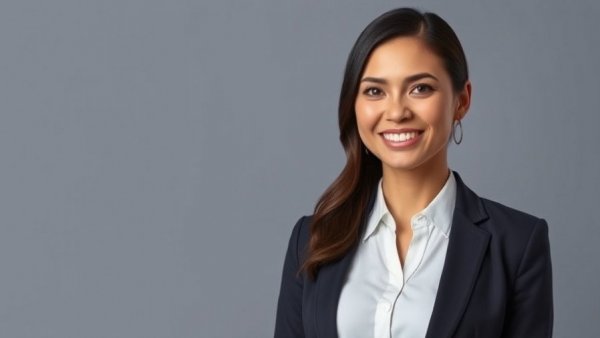 Professional woman smiling in formal attire, technology innovator.