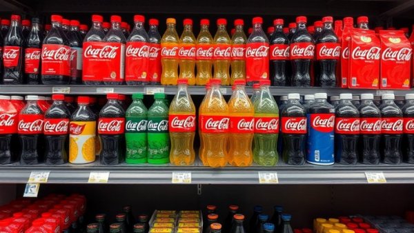 Coca-Cola products neatly displayed on a store shelf, bright lighting.
