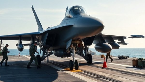 US military personnel and fighter jet on aircraft carrier deck signaling military buildup in the Middle East.
