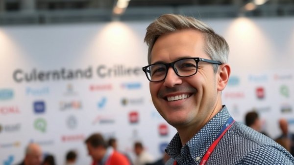 Smiling man at a conference, embodying confidence amid tariff uncertainty for small business owners.