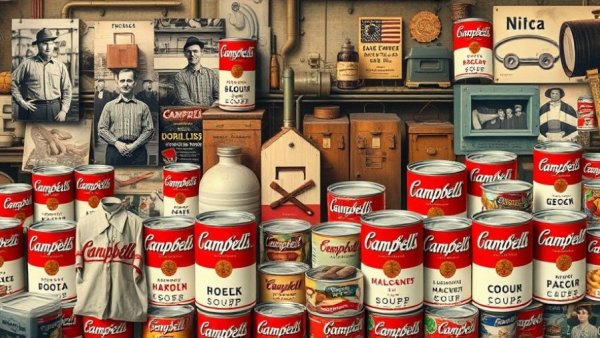 Campbell's history collage showcasing iconic products and moments.