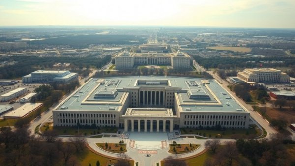 Aerial view of the Pentagon with Washington D.C. skyline in the background, highlighting the expansive government center.