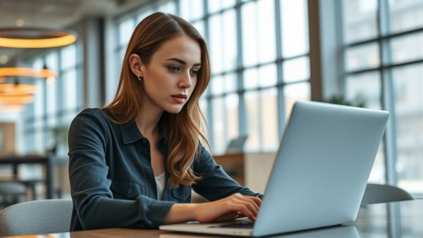 Young woman in modern office working on laptop, quality of hire concept.