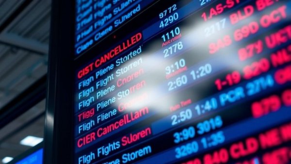Flight cancellations displayed on airport board due to winter storm.