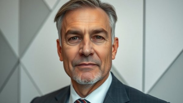 Middle-aged man in a suit with geometric background, AI startup funding venture capital in AI.