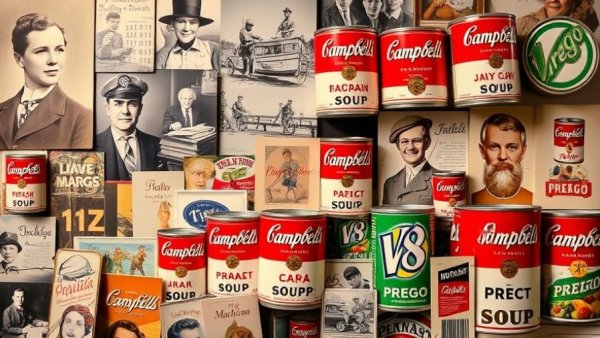 Historical collage of Campbell's Soup Company products and images.